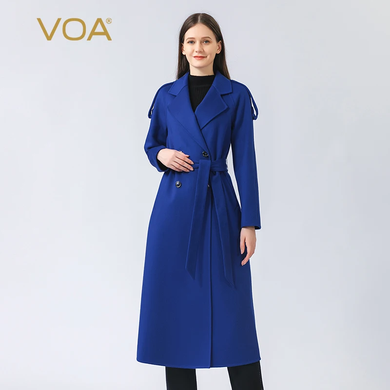 

VOA Office Ladies Double Breasted with Belt International Klein Blue Winter Coat Simple Long Sleeves Cashmere Women Coats S828