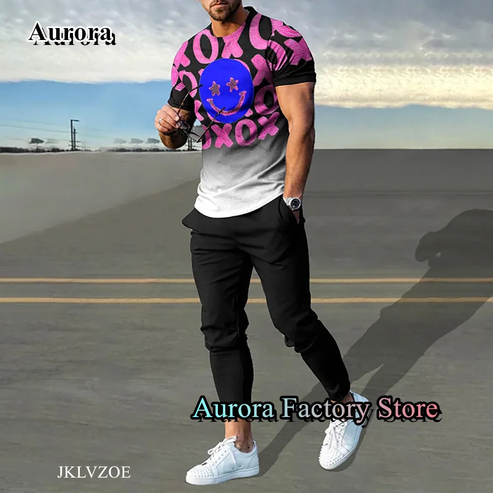 Summer Men Smile Printing Tracksuit 2 Pieces T-Shirt Long Pants Set Casual Jogging Suit Fashion Trousers Outfit Male Streetwear