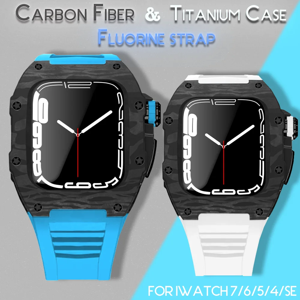 

Carbon Fiber Case for Apple Watch Band 44MM 45mm Titanium Alloy Bezel Fluorine Rubber WatchBand for Iwatch Series7 6 5 4 SE Kit
