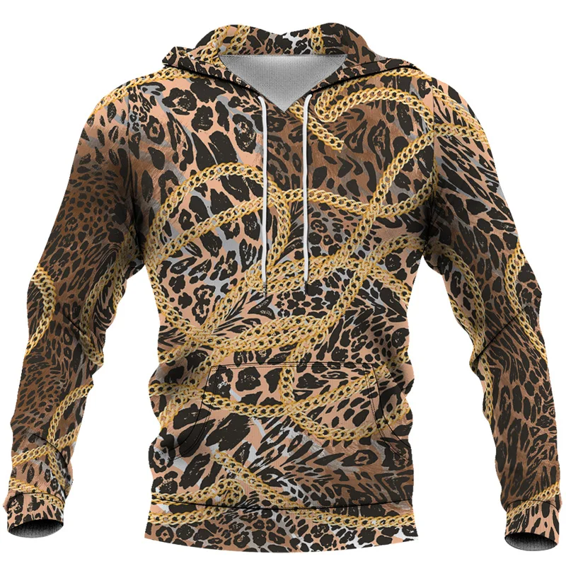 

Мужской пуловер в винтажном стиле, свитшот с капюшоном и золотым принтом леопардовой расцветки и цепей, большие размеры, одежда унисекс, 2023
