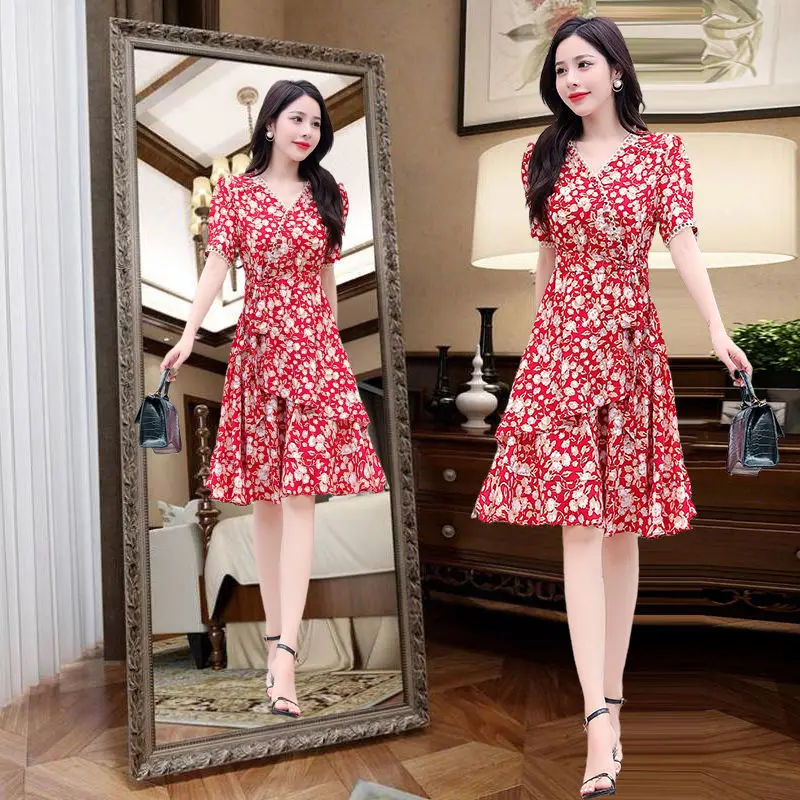 

Летнее платье для женщин, французское Цветочное платье с оборками, платье средней длины для женщин