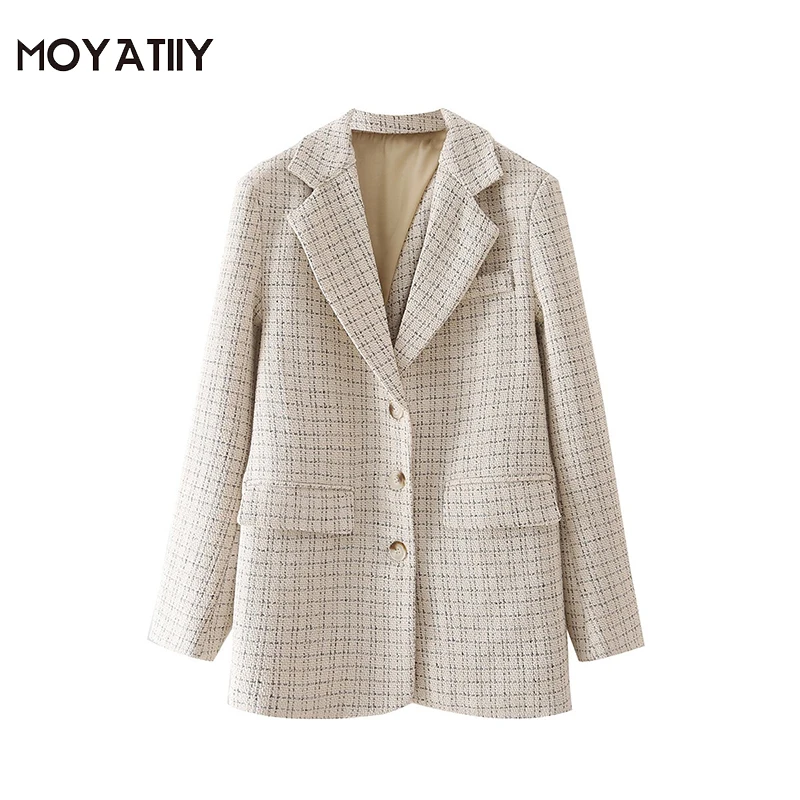 

MOYATIIY Women Fashion Autumn Tweed Blazer Coat 2021 New Arrival Creative Style Back Side Open Overcoats Long Sleeve Overwear