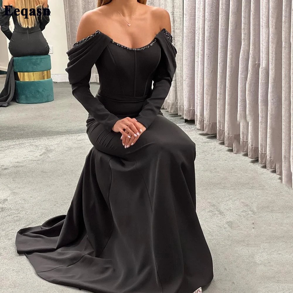 

Eeqasn Mermaid Long Sleeves Evening Dresses Black Beading Off The Shoulder Scoop Women Party Dress Formal Prom Celebrity Gowns