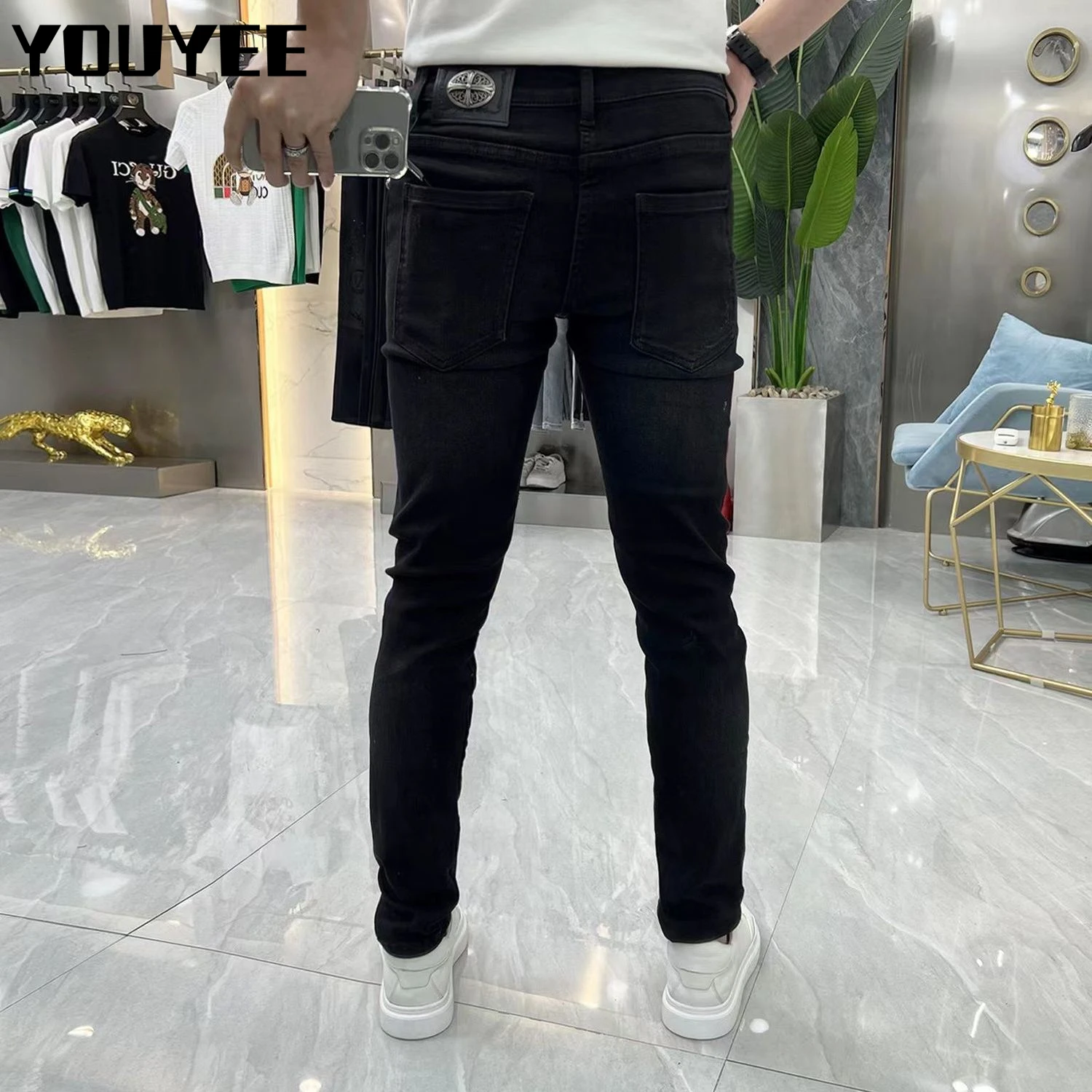 Men Jeans 2022 NEW Black Hot Drill Rhinestones Rivet Destroyed Ripped Skinny Leggings Stretch Denim Streetwear Male Pants