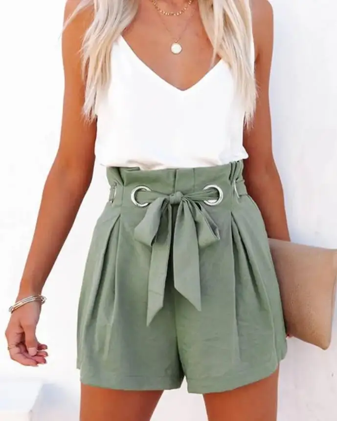 

2022 Summer Fashion Women Casual Ruched High Waist Eyelet Tied Detail Shorts Female & Lady Short Pants Solid Color