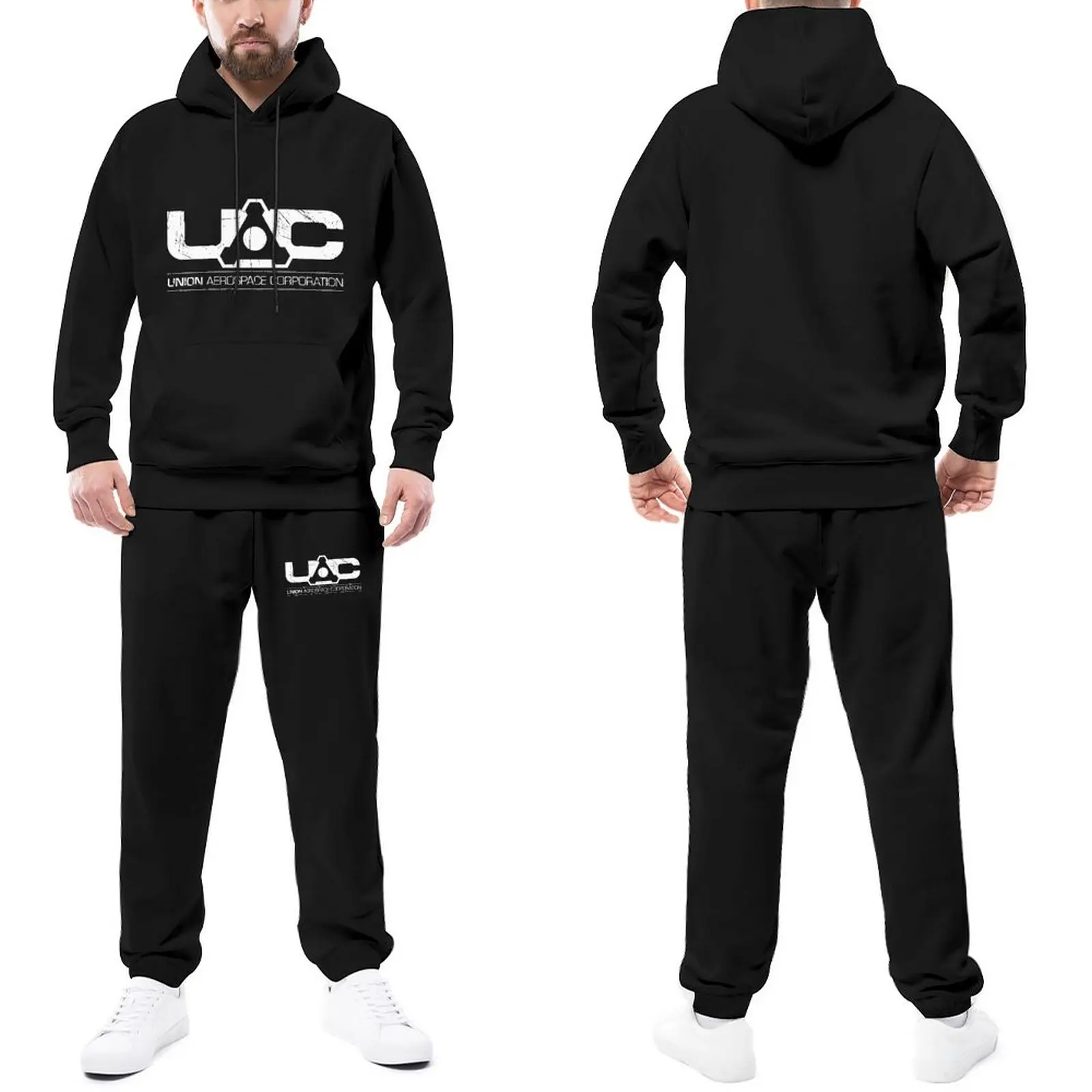 

Distressed Doomguy UAC Tracksuit Set Men Doomguy Sweatsuits Two Piece Casual Hooded Set Date Street Style Jogger Sportswear