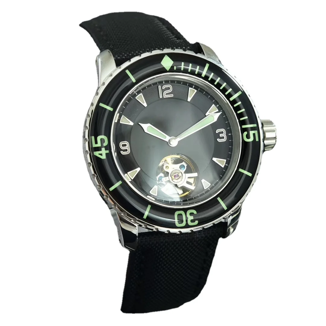 

mens mechanical watch black ceramic canvas tourbillion leather