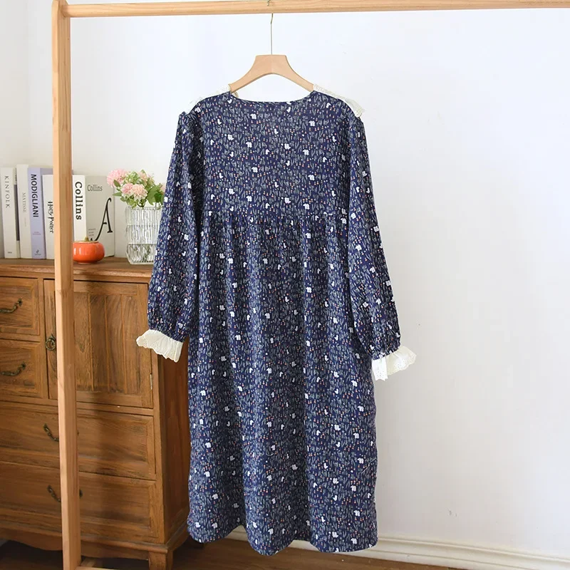 Женская хлопковая ночная рубашка с длинным рукавом простой двухслойный газовый