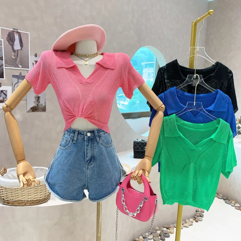 

New Women's Clothing 2022 Summer Short blouse short sleeved T-shirt design knit shirt sweater bottomed Top fashion