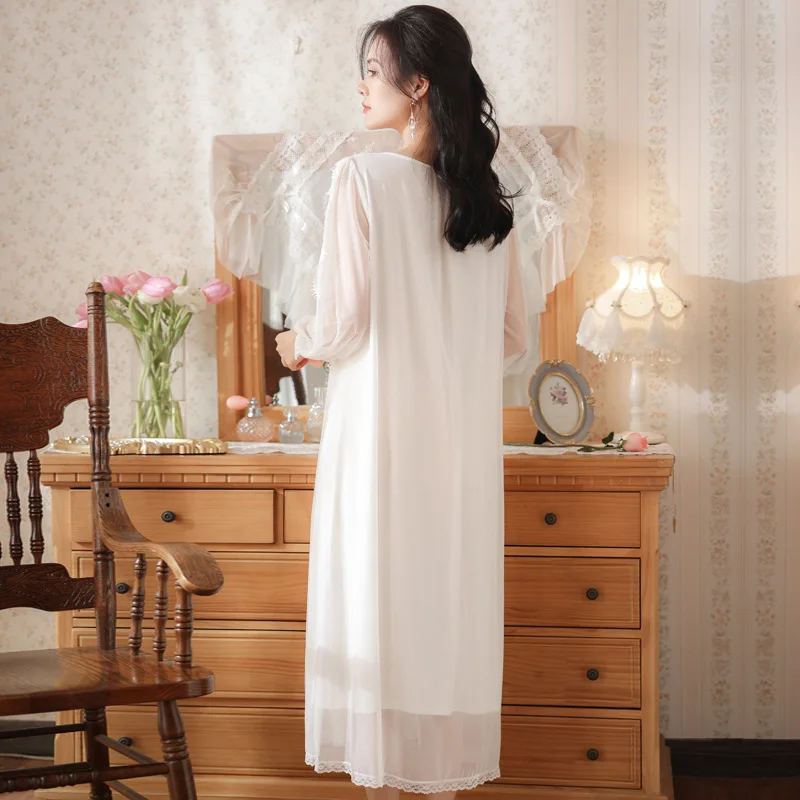 Fairy White Victorian Night Dress Women Spring Autumn Mesh Long Sleeve Sleepwear Princess Sexy Lace Peignoir Vintage Nightgowns
