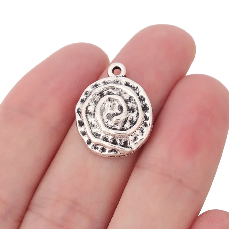 

20 x Tibetan Silver Hammered Round Spiral Swirl Vortex Charms Pendants Beads for Bracelet Jewelry Making Findings 22x17mm