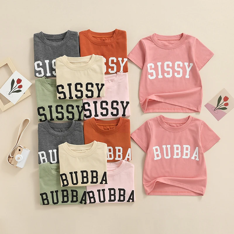 

Toddler Baby Boy Girl Short Sleeve Tees Pullover Top Crewneck Sissy Bubba Sis Bro Letters Summer T-Shirt
