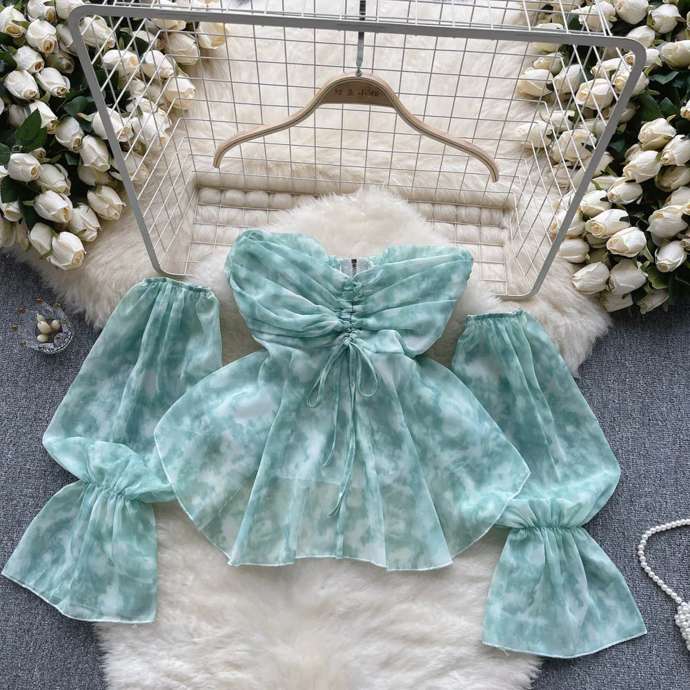 

Винтажная Элегантная блузка с расклешенными длинными рукавами, модная рубашка с воротником-лодочкой, повседневный шикарный топ с открытыми плечами на молнии, сказочный летний женский топ