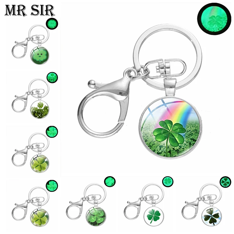 

New Luminous Keychain Four Leaf Clover Creative Green Color Plants Glass Cabochon Lobster Buckle Pendant Jewelry Gifts Wholesale