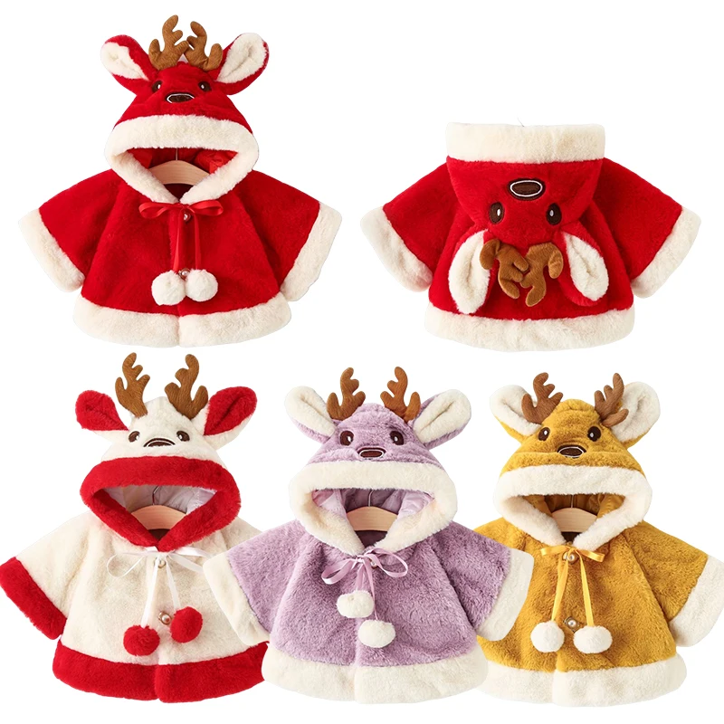

Накидка-пончо с капюшоном для девочек, мультяшный Рог лося, плащ с помпоном, пиджак из флиса, Рождественская верхняя одежда для малышей