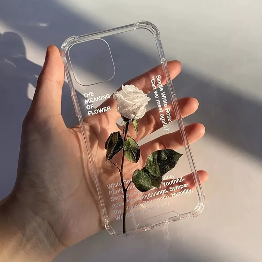 

Original for iPhone XR X XS Max 13 Pro Max 12 11 7 8 plus SE 2020 Printing Cover White Rose Transparent Soft TPU Phone Case