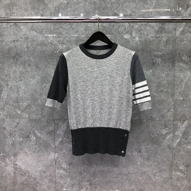 THOM TB T-Shirt Summer Korean Design Clothing 4-Bar Patchwork Knitting Women Casual Slim O-Neck Short Sleeve Sweatshirt