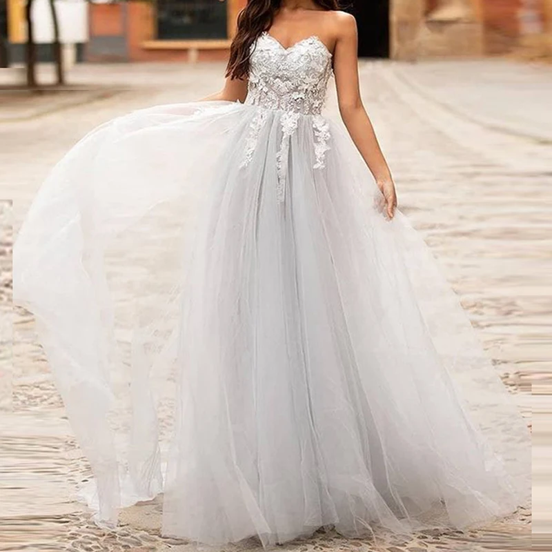 

Elegant Wedding Dress Sleeveless Sweetheart Bridal Gown Lace Applique Tulle Sweep Train Robe De Mariée