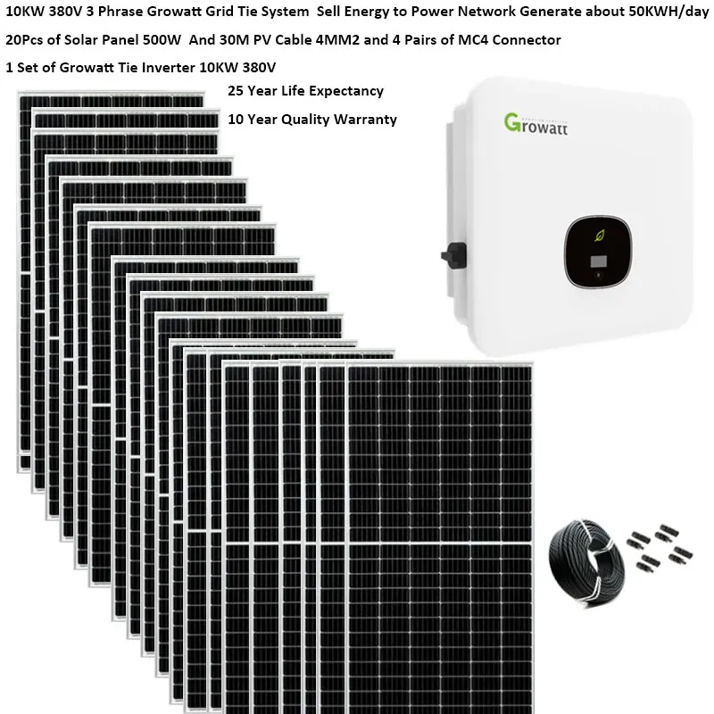 

Solar Panel Kit Complete For Home 10000 w 380V 3 Phrase On Grid System Growatt Grid Tie Inverter 10KW 2 MPPT PV Panel 500W Villa