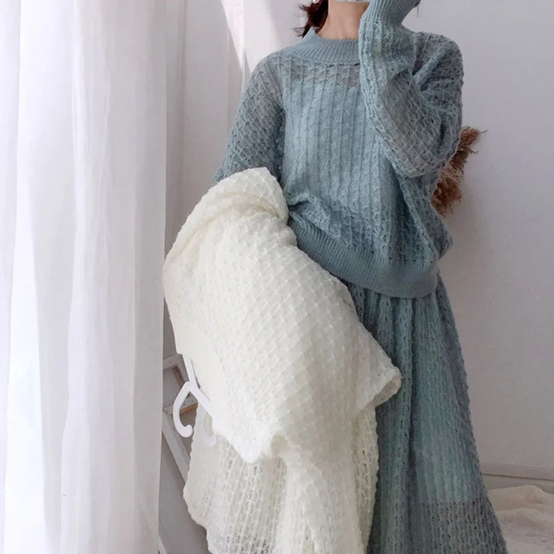 New Sweater Suit Skirt White Kawaii Loose Hollow Knitted Two-Piece Knitted 2 Pieces Set 2022 Women Office Lady Pullovers Sweater
