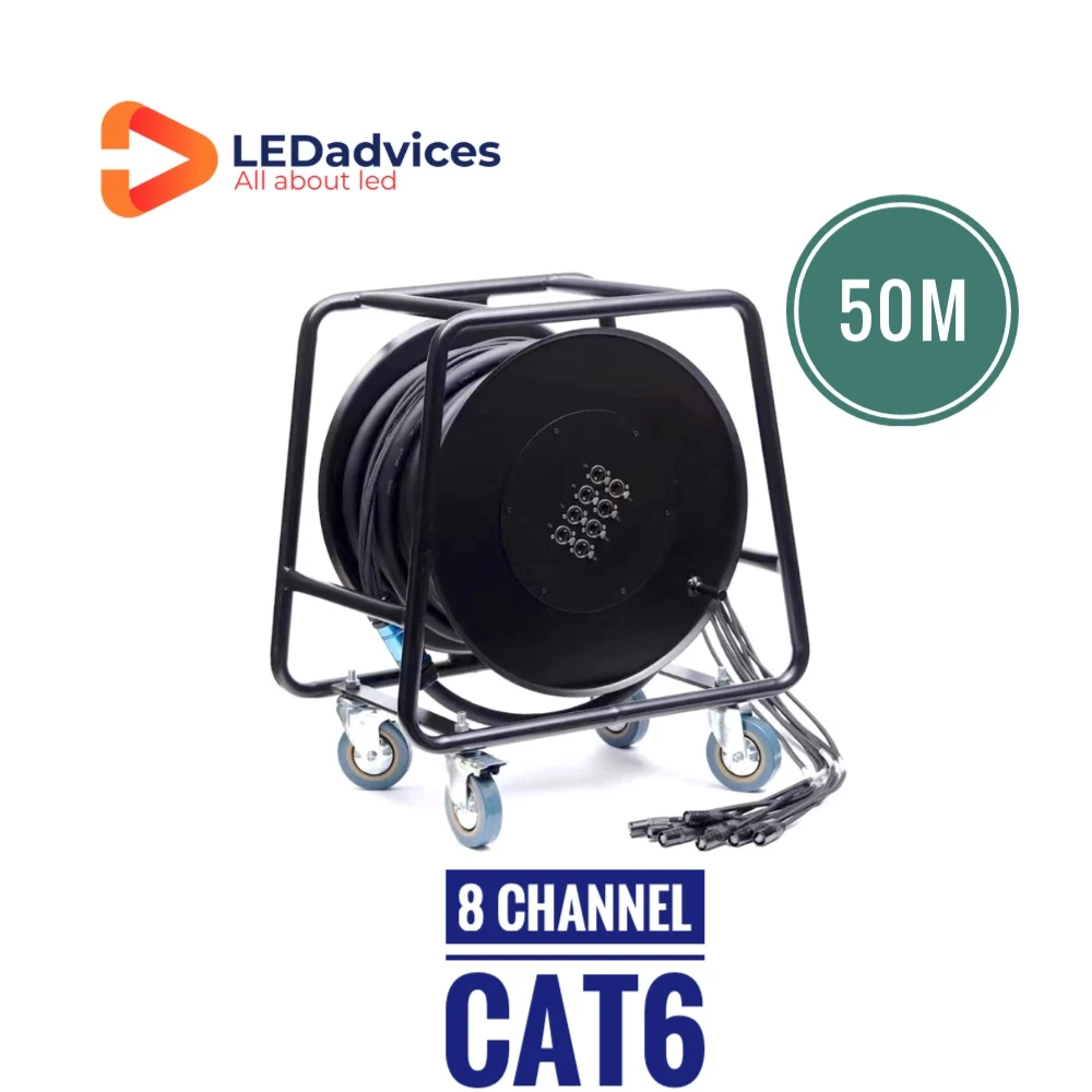 

8 Multi-Channel 50m CAT6 Snake Cable With Reel Car For AV Events SF/UTP Double Shield Multi-Stranded Pure Copper RJ45 Gigabit