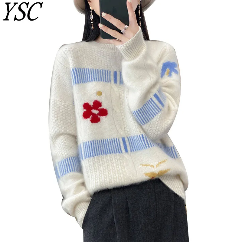 

YSC Новый стиль Женский вязаный 100% чистый кашемировый свитер с круглым вырезом и цветочным украшением утолщенный легкий стиль сохраняющий тепло мягкий пуловер