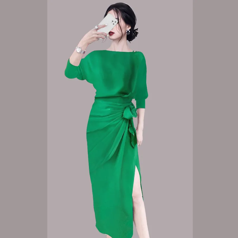 

SuperAen 2022 Summer New Solid Split Long Slash Neck Belt Sheath Mid-Calf Casual Woman Dress
