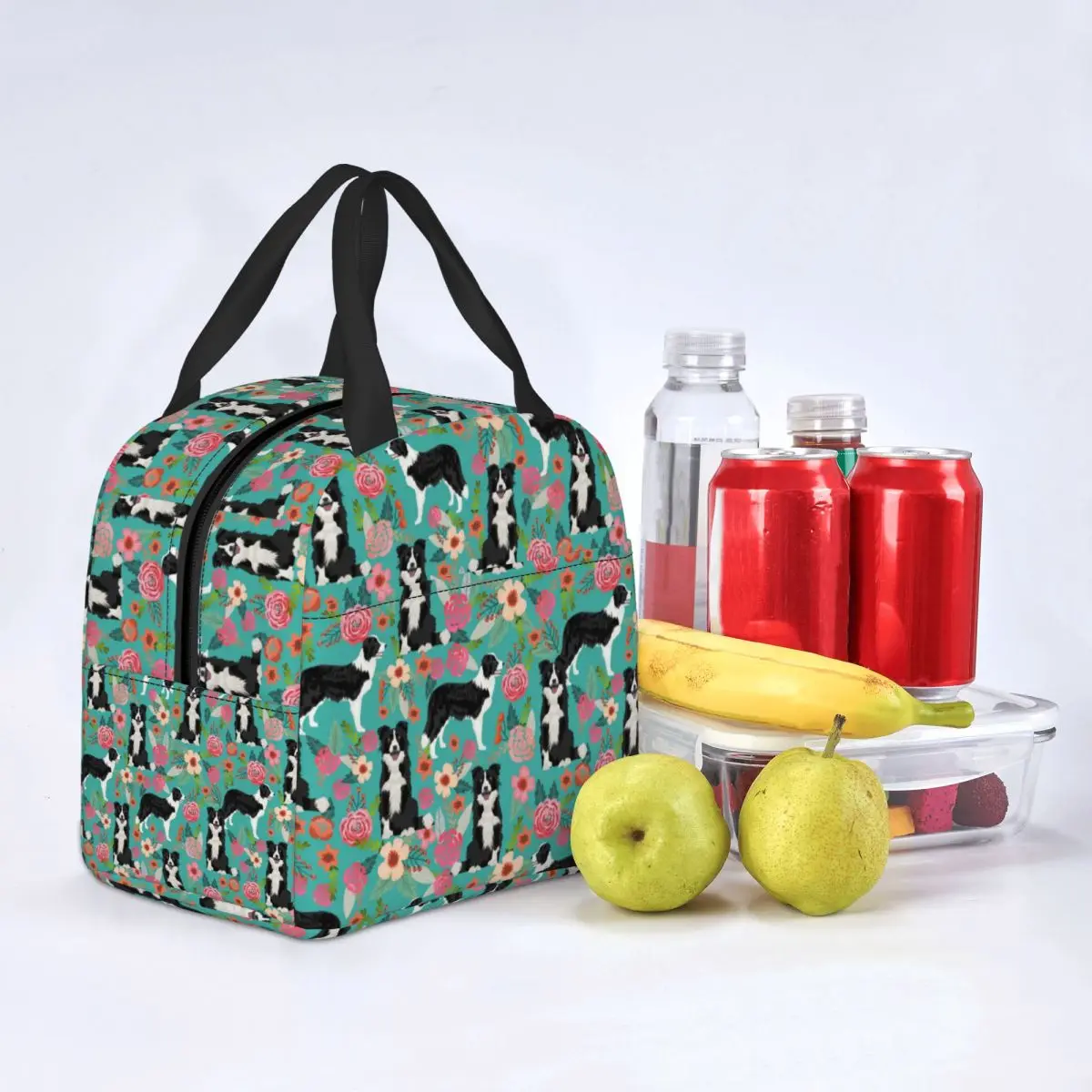 Border Collie Dog Vintage Florals Lunch Bag Portable Insulated Cooler Animal Thermal Cold Food School Lunch Box for Women Kids