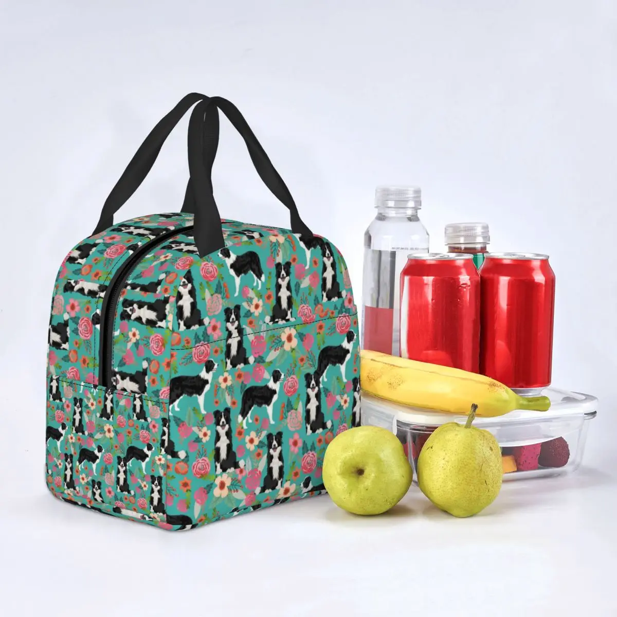 

Border Collie Dog Vintage Florals Lunch Bag Portable Insulated Cooler Animal Thermal Cold Food School Lunch Box for Women Kids