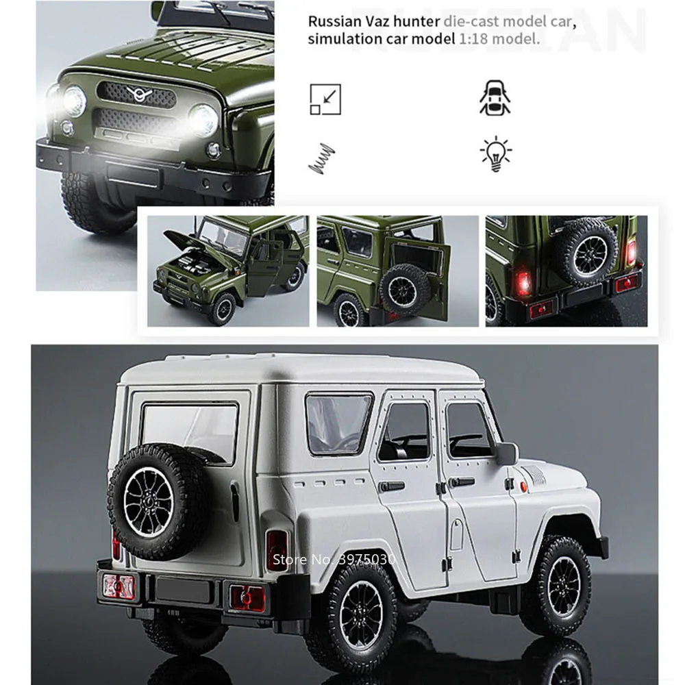 Фото Миниатюрные модели российских автомобилей УАЗ Хантер в масштабе 1:18, игрушки из литого сплава с подсветкой и музыкой, внедорожники с функцией обратного хода, подарки для детей. №5