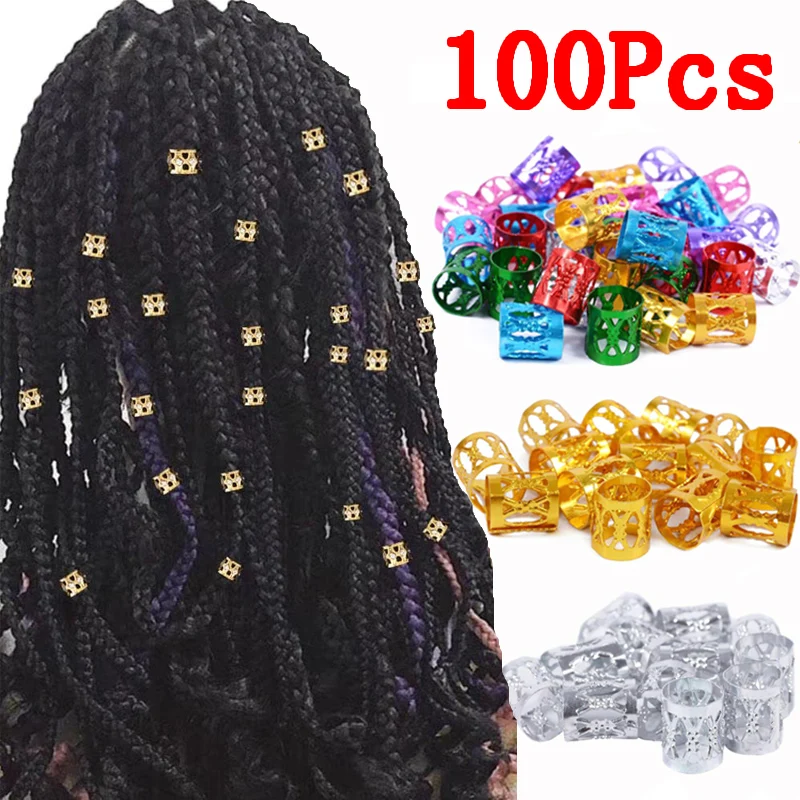 

100pcs Multi Color Adjustable Dirty Hair Buckle Dreadlock Braid Rings Hair Jewelry for Women Girl Metal Cuff Hair Clip Tube Ring