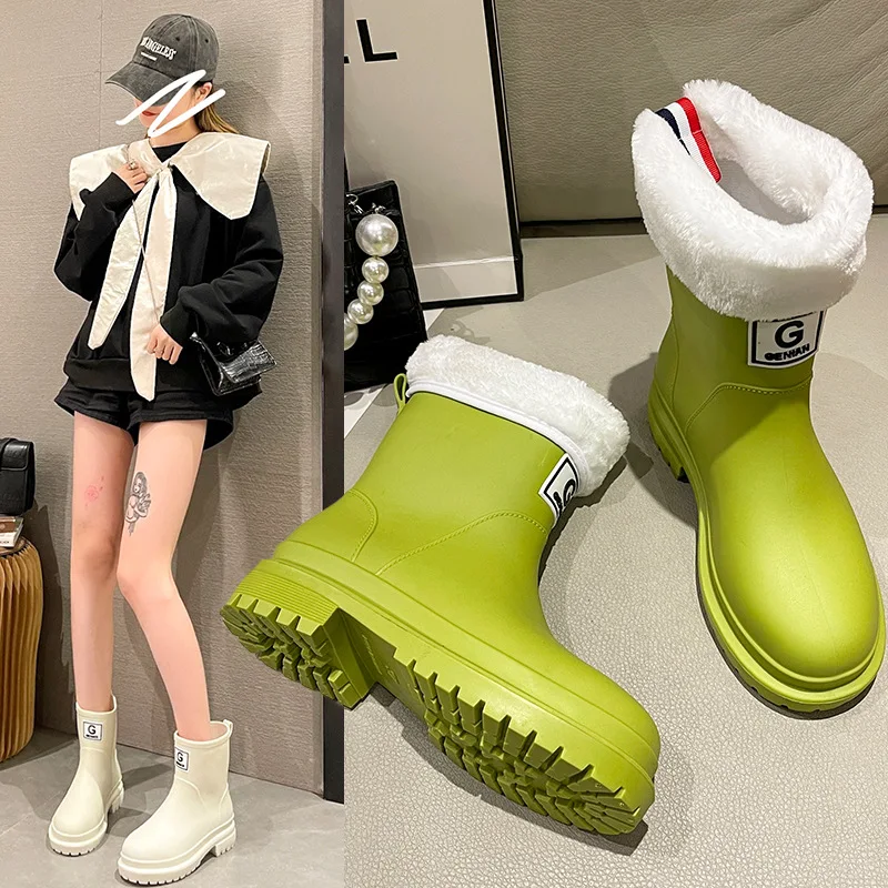 2023 Women Slip-on Rubber Rain Boots Waterproof Water Shoes Female Rain Shoes Mid-calf Boots