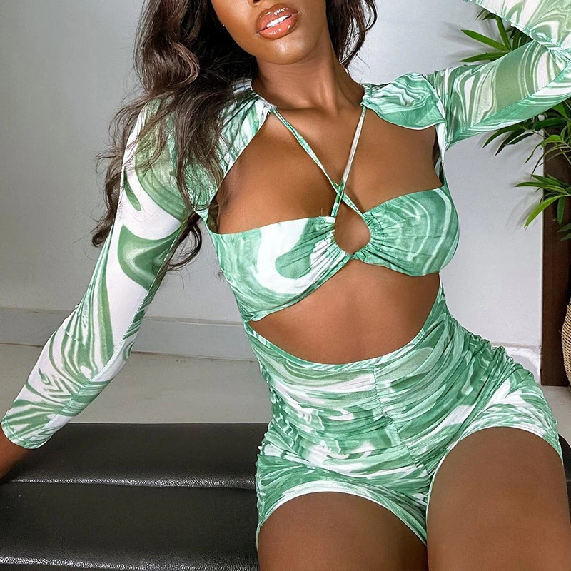 

2022 Summer New Women's One Piece Shorts Fashion Print Women's Sexy Pleated Shorts Outdoor Leisure