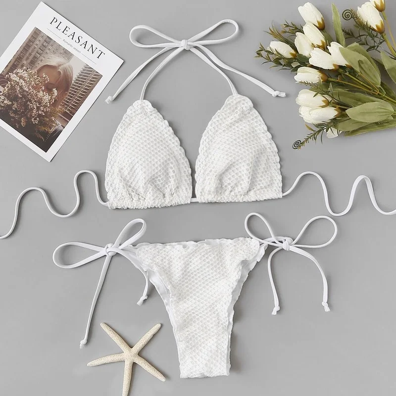 

2022 Swimsuit Solid Lace up Bikini Set for Women Low Waist Backless Bikinis Female Summer Hollow out Beach Bathing Suit New