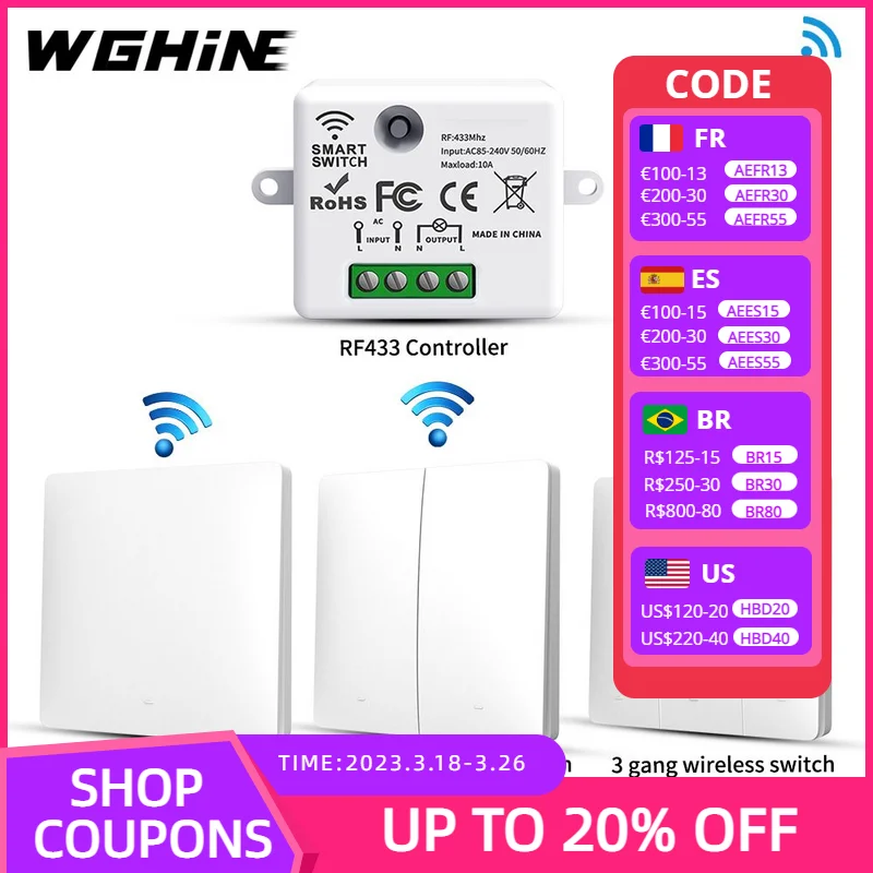 

WGHINE Rebound Wireless Self-powered Switch RF 433Mhz Remote Control Wall Push Button Switch 220V 1/2/3 Gang Light Switch