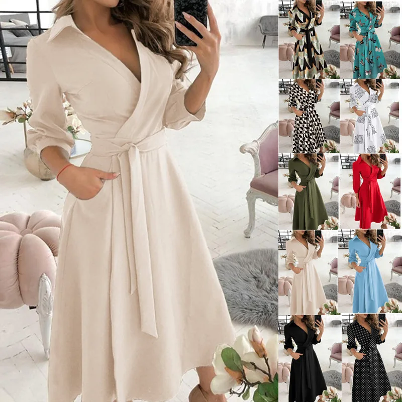 

Spring Dress Women Sexy V-neck Long Sleeve Floral Print Fashion Ladies Elegant Long Dress