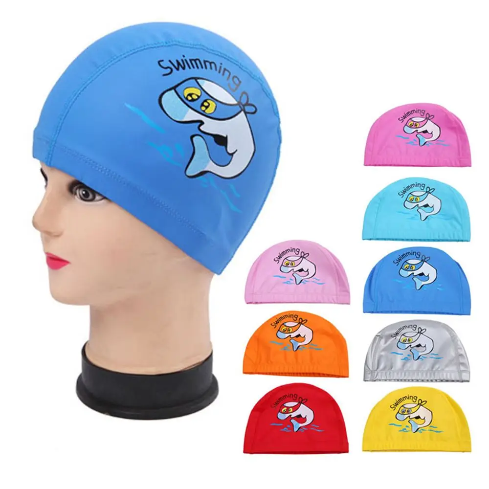 

Girls Boys Cartoon Dolphin Elastic Comfortable Ear protection PU Cloth Beach Hat Diving Hat Kids Swimming Cap