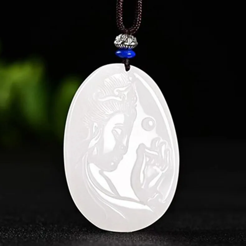 

Natural White Jade Guanyin Pendant Necklace Men Women Fine Jewelry Genuine Hetian Nephrite Jades Bodhisattva Lucky Charms Amulet
