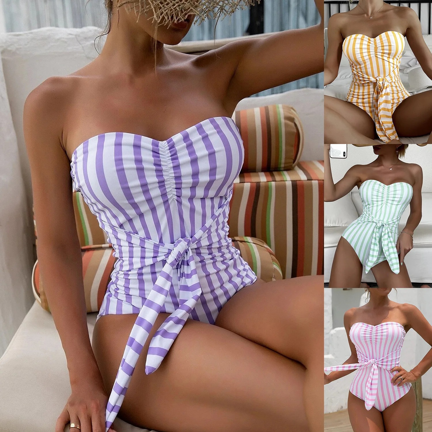 

Plus Size Monokini 2022 Bandeau Swimsuit Sexy Push Up Swimwear Women Pleated Bathing Suit Bandage One-Piece Suits Beach XXL