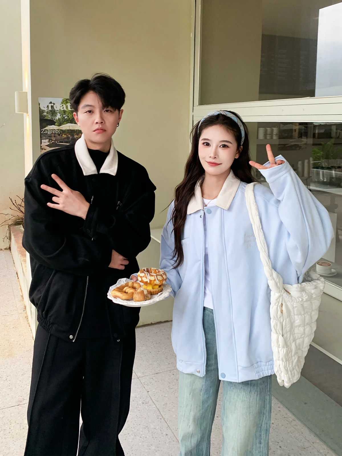 er Oh Three Sisters American Detachable Embroidered Suede Color Matching Stand Collar Jacket Women Autumn