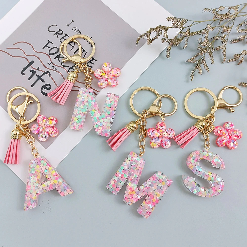 Изысканный мечтательный брелок с блестками и буквами розовый цветок кисточка