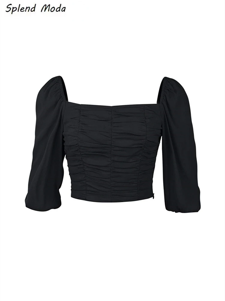 

Splend Moda 2022 Summer New Vintage Square Collar French Elegant Solid Color Folds Women Blouse Elastic Fashion Chic