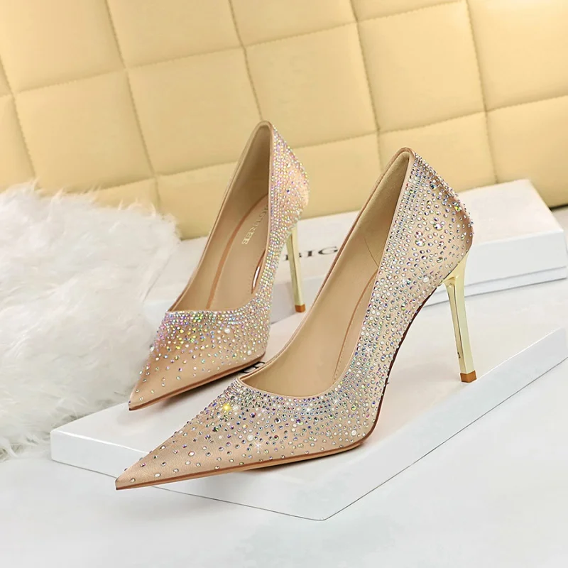 

17189-5 Style Sexy High Heels Stiletto Heel Shallow Mouth Pointed Toe Satin Shining Rhinestone Women's Shoes Pumps