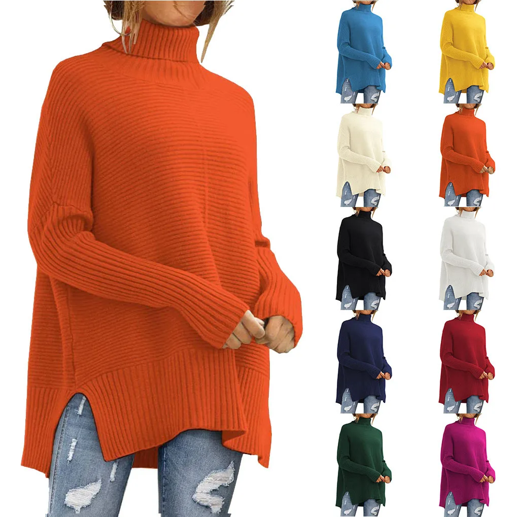 

Women's long sleeved pointed hem knitted pullover sweater autumn and winter fashion oversized high neck sweater Batwing