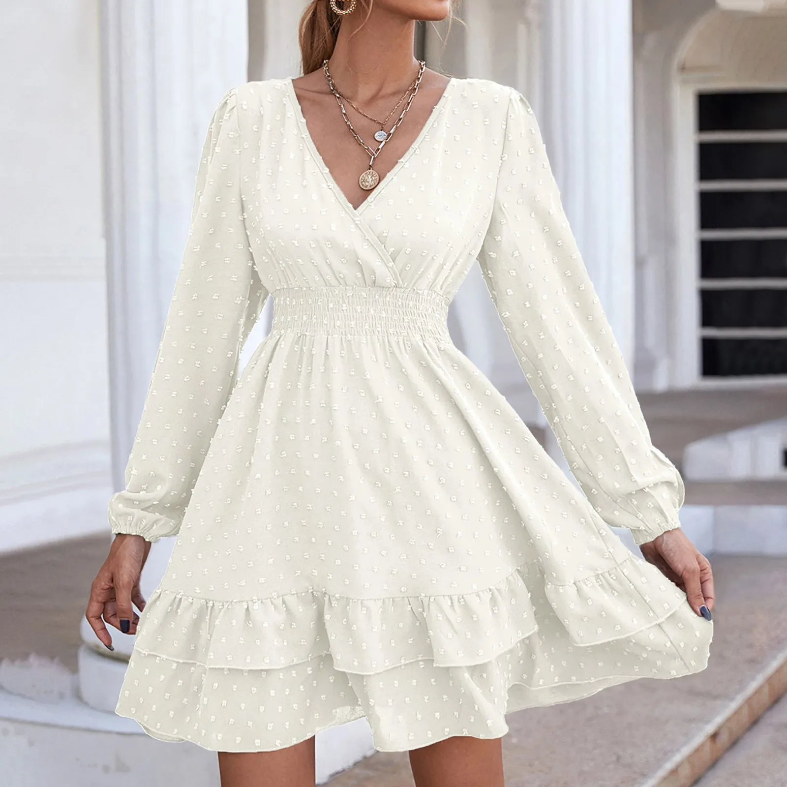 

White Dresses for Women Sweet Cute V Neck Ruffle Short Sleeve Sun Dress Loose Chiffon Flowy Mini Dress for Women Casual Loose