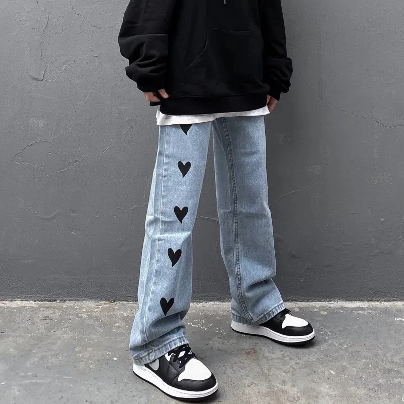 Autumn Winter Vintage Heart Shape Printing Jeans Wide Leg Pants Women Korean Loose Straight Denim Pants Fashion Trousers Unisex