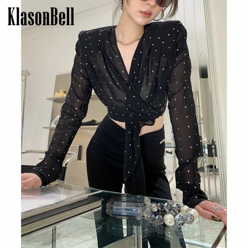 12.14 KlasonBell Sexy See Through Heavy Industry Rhinestone Shoulder Pads Short Shirt / Blouse Women