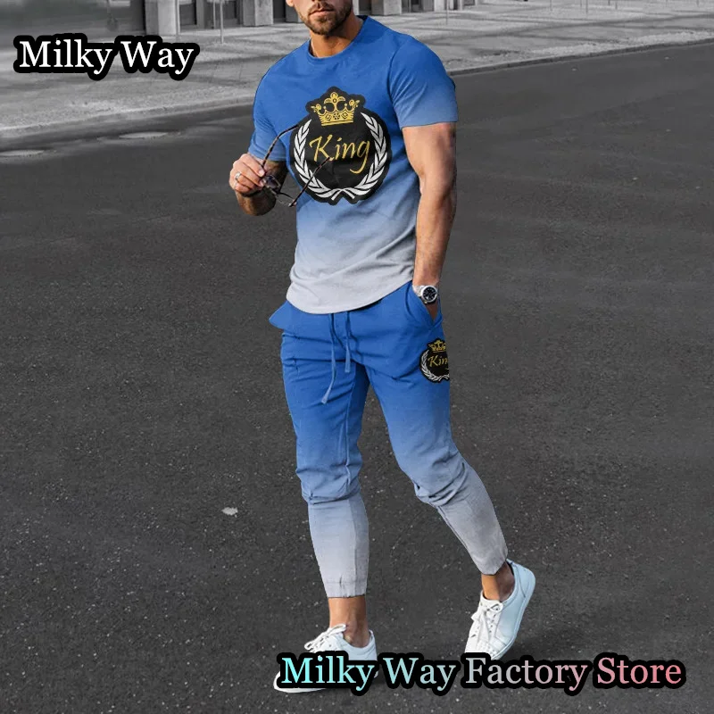 Summer Men Tracksuit 2 Pieces King Printing T-Shirt Trousers Set Casual Jogging Suit Fashion Trend Outfit Male Cool Streetwear