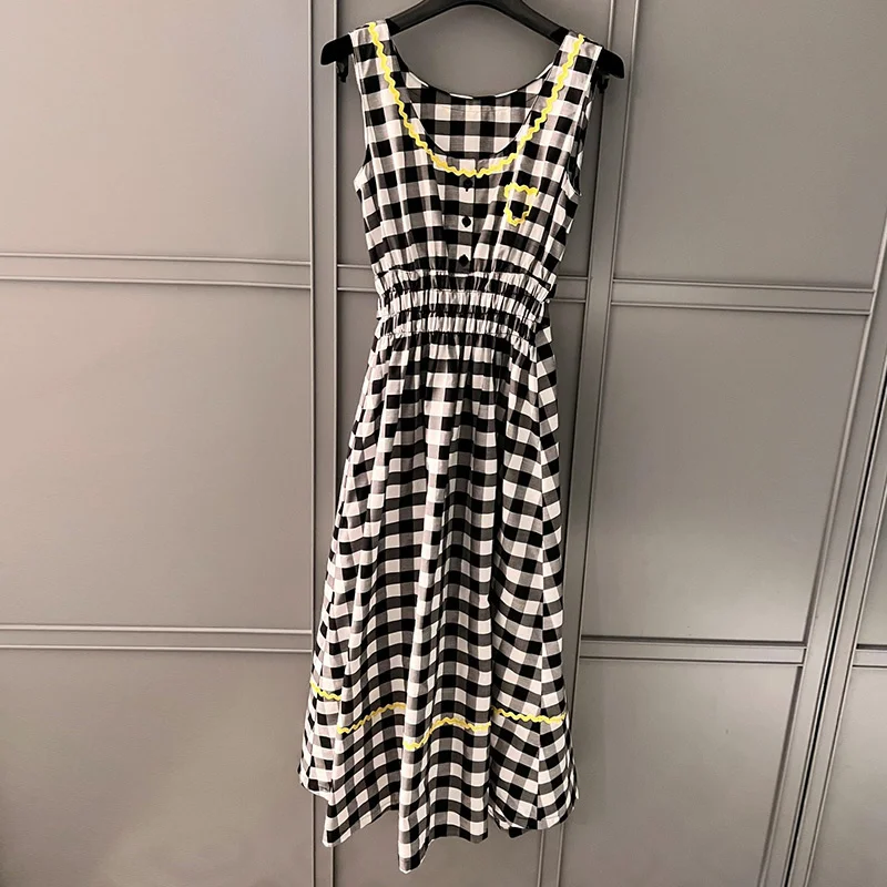 

2023 Summer Black White Check Cotton Dress Runway Women Square Neck Sleeveless Yellow Wavy Edge A-line Big Swing Maxi Dresses