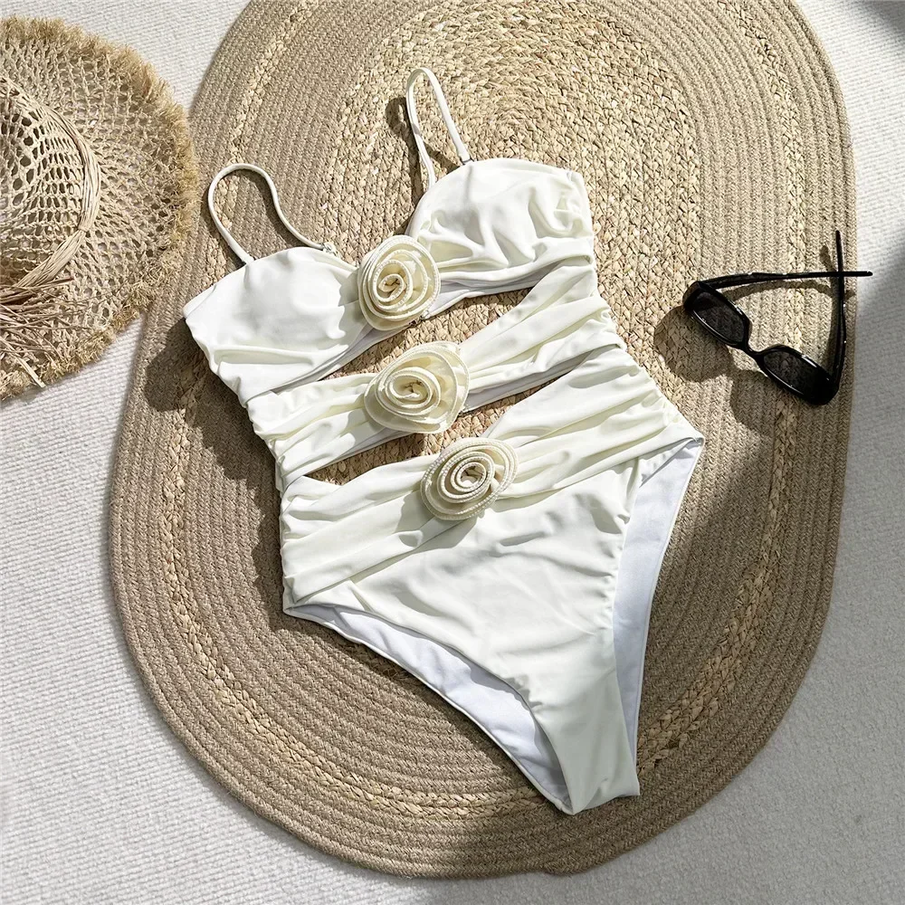 Сексуальный розовый купальник с 3D цветком женский цельный монокини вырезами